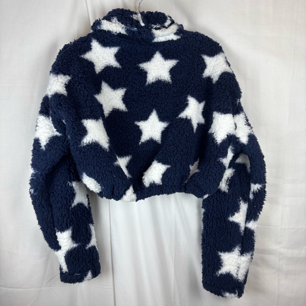 Handmade Cropped Fuzzy Navy Star 1 Button Jacket Elastic Waist and Cuffs - Picture 3 of 11